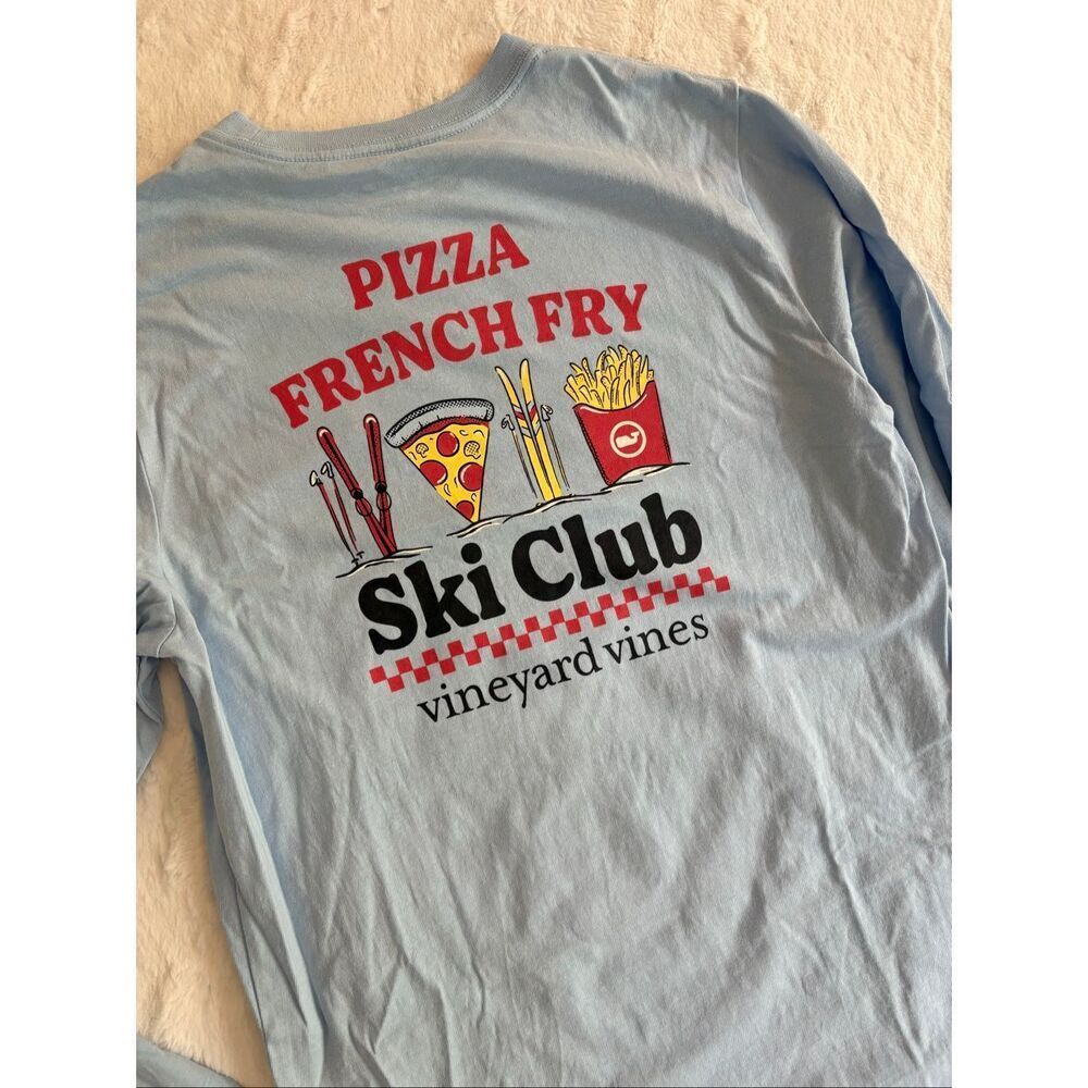 Vineyard Vines Ski Club Pizza French Fry Kids Long Sleeve Pocket T-Shirt Size L